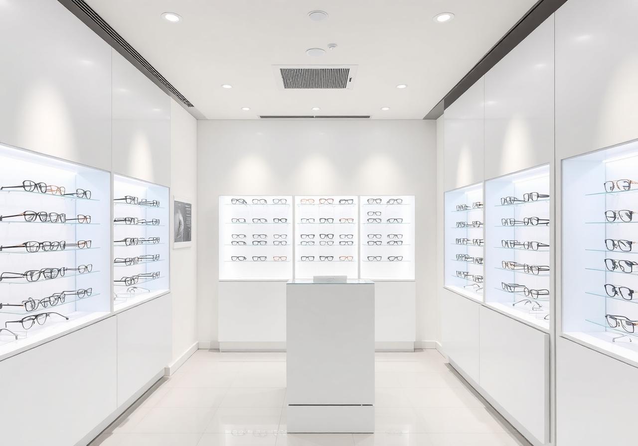 Modern minimalist Optimall clinic interior with eyewear displays